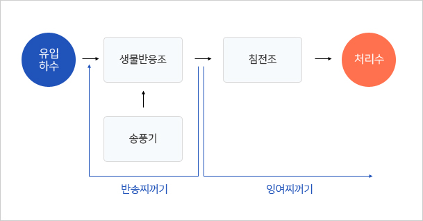 유입하수가 생물반응조의 송풍기 과정을 거쳐 침전조로 이동되어 처리수가 된다. 생물반응조와 침전조로 넘어가는 과정에서 잉여찌꺼기와 반송찌꺼기가 생기는데 잉여찌꺼기는 처리수가 되고 반송찌꺼기는 유입하수가 되어 다시 생물반응조를 거친다.