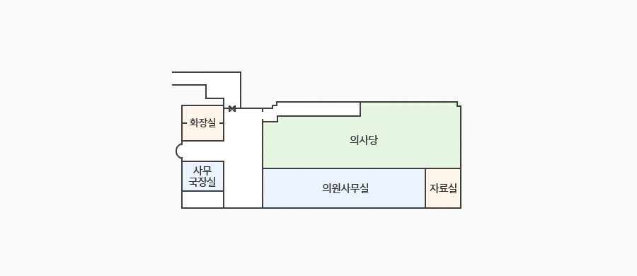 제천시의회 3층 청사안내도 - 왼쪽상단에 화장실, 하단에 사무국장실이 있고 우측 상단에 의사당, 그 아래 의원사무실과 자료실이 있습니다.